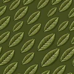 Vector seamless pattern with leaf on dark green background. Template for wallpapers, site background, print design, cards, menu design, invitation. Summer and autumn theme. Vector illustration.