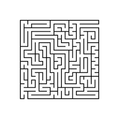 Black square maze with entrance and exit. A game for children and adults. Simple flat vector illustration isolated on white background.