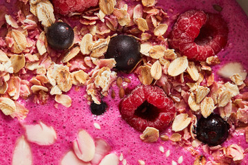 Fresh fruit smoothies with berries and oatmeal. Macro photo