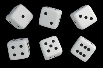 Set of white dice with black dots isolated on black