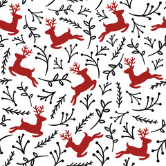 Reindeer Seamless Pattern with Floral, Christmas Background, Vector illustration