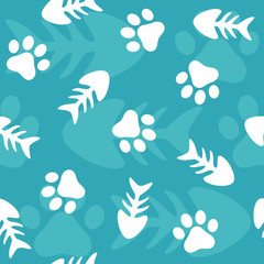 Fototapeta na wymiar Fishbone and Animal Paw Seamless Pattern Background, Cat and Fish Vector Illustration