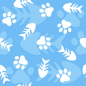 Fishbone and Animal Paw Seamless Pattern Background, Cat and Fish Vector Illustration