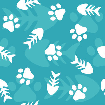 Fishbone and Animal Paw Seamless Pattern Background, Cat and Fish Vector Illustration