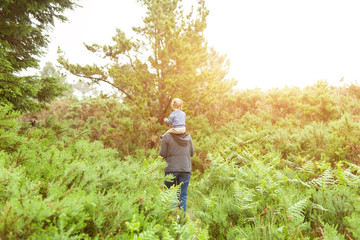 happy family at sunset. mother and daughter having fun and playing in nature. the child sits on the...