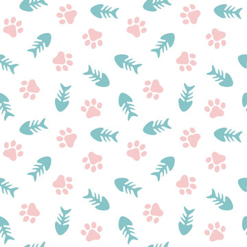 Fish and Pet Paw Seamless Pattern Background, Cat and Fish Bone Vector Illustration