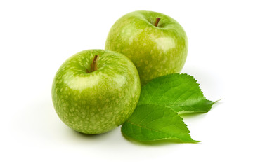 Green apples granny smith with leafs, isolated on white background.