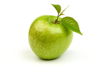 Green apple granny smith with leaf, isolated on white background.