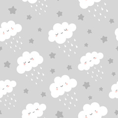 Cute clouds with rain drops seamless pattern, cartoon background with star dots, vector illustration