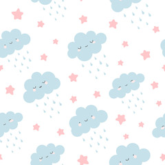 Cute clouds with rain drops seamless pattern, cartoon background with star dots, vector illustration