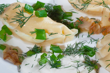 Ukrainian vareniki served on the Faror plate with onions, sour cream and dill