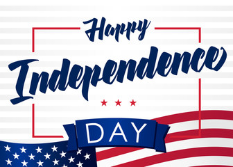 Happy Independence Day of the United States, July 4th. Happy Fourth of July light stripes greeting card. Hand lettering banner with letters on flag USA. Vintage typography illustration