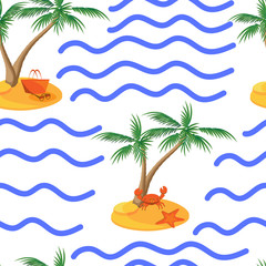Seamless summer pattern.Palm on island, starfish and crab, bag and glasses lie on the sand, waves .Vector illustration.
