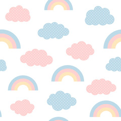 Cute clouds and rainbow seamless pattern, cartoon vector illustration, isolated sky background for kid