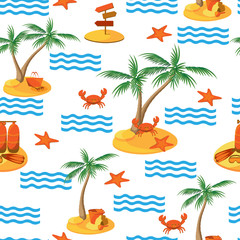 Seamless summer pattern.Palm on island, starfish and crab, bag and glasses lie on the sand, waves .Vector illustration.