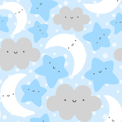Moon, Cloud and Stars Cute Seamless Pattern, Cartoon Vector Illustration Background