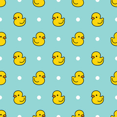 Cute duck seamless pattern, water background with dot, vector illustration