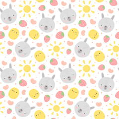 Cartoon Bunny and Cute Chick Seamless Pattern, Easter or Kid Vector Illustration Background with Strawberry