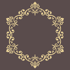 Oriental round golden frame with arabesques and floral elements. Floral border with vintage pattern. Greeting card with place for text
