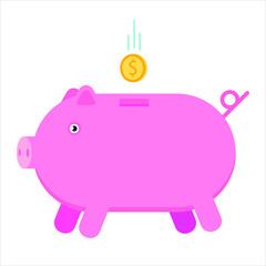 Cute piggy bank with flying gold coin cartoon flat style vector illustration isolated on white background. Piggy is the symbol of safe money and wealth success.