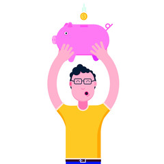 The man holding piggy bank above the head and golden coin falls on it. Cartoon characters flat style design vector illustration. Symbol of saving money and finance success isolated on white background