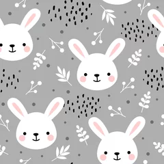 Tapeten Nahtloses Muster des netten Kaninchens, gezeichneter Waldhintergrund des Häschens mit Blumen und Punkten, Vektorillustration © Gabriel Onat