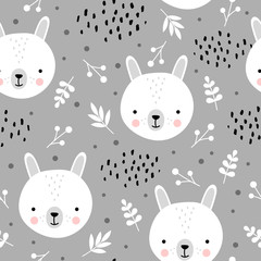 Cute rabbit seamless pattern, bunny hand drawn forest background with flowers and dots, vector illustration