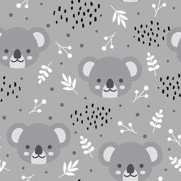 Cute koala seamless pattern, hand drawn forest background with flowers and dots, vector illustration