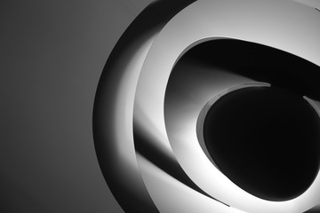 Abstract architectural ceiling, curves and round lines illuminated by discrete lamps