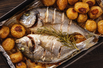 Baked dorado fish with potatoes.