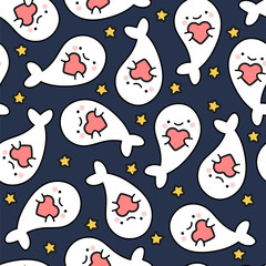 Cute seal seamless pattern with star dot and heart, cartoon fish background