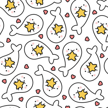 Cute seal seamless pattern with star dot and heart, cartoon fish background