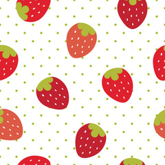 Strawberry pattern, cute heart fruit cartoon seamless background with dot, Vector illustration