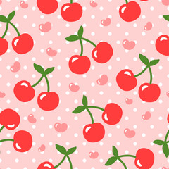 Cherry pattern, cute heart fruit cartoon seamless background with dot, Vector illustration - 208717022