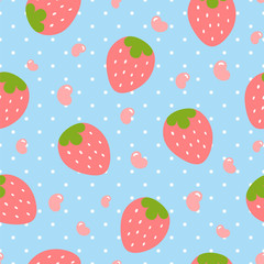 Strawberry pattern, cute heart fruit cartoon seamless background with dot, Vector illustration