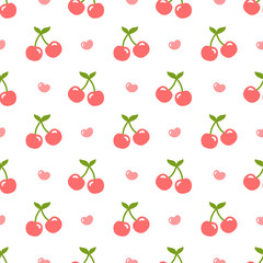 Cherry pattern, cute heart fruit cartoon seamless background with dot, Vector illustration