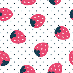 Strawberry pattern, cute heart fruit cartoon seamless background with dot, Vector illustration