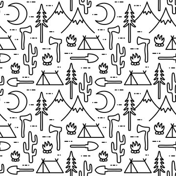 Camping Seamless Pattern, Advanture  Outdoor activity background, Vector illustration