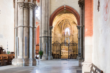 Interior of the Basilica of Sant'Andrea that was built between 1219 and 1227. The abbey has a Gothic style, one of the first in Italy, fused with Lombard Romanesque style.