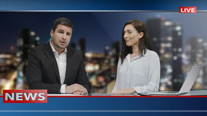 Two Media broadcasters is sitting in Studio and Talking. News show Mock-up.