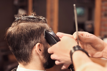 Professional barber working with client in hairdressing salon
