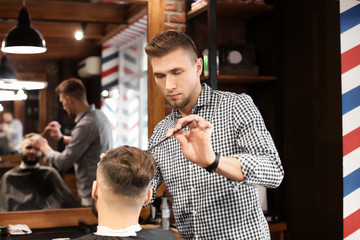 Professional barber working with client in hairdressing salon