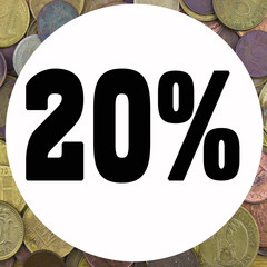20% Percent and discount theme. Worlds golden silver and bronze coins. 