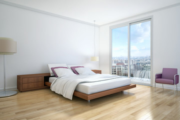 Modern bright bed room interiors 3D rendering illustration