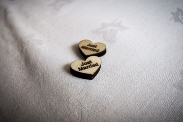 just married hearts on a table