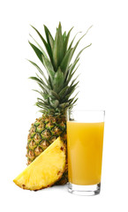 Glass of sweet juice with pineapple on white background