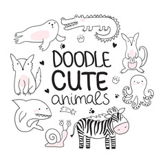 Vector cartoon sketch poster with cute doodle animals