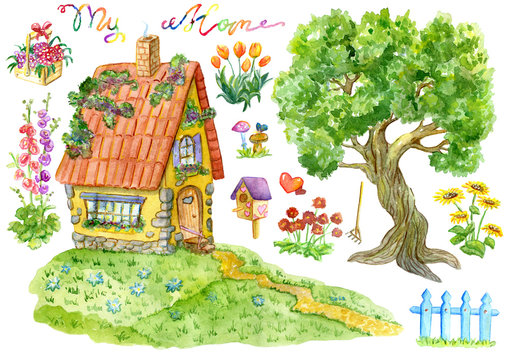 Design set with cute small house, tree, flowers and lettering isolated on white. Vintage country background with summer landscape, watercolor illustration with clip arts