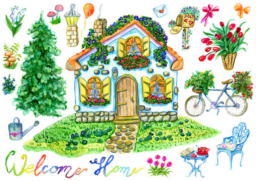 Design set with cute cottage house, garden objects and furniture, flowers, bicycle and lettering isolated on white. Vintage country background with landscape, watercolor illustration with clip arts