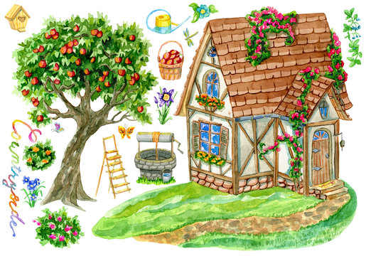 Design set with cute fachwerk house, apple tree, old well, flowers and garden objects isolated on white. Vintage country background with summer landscape, watercolor illustration with clip arts